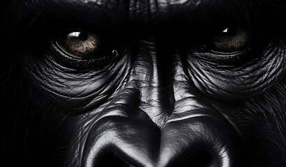 Gorilla face, mammal eyes, close-up view