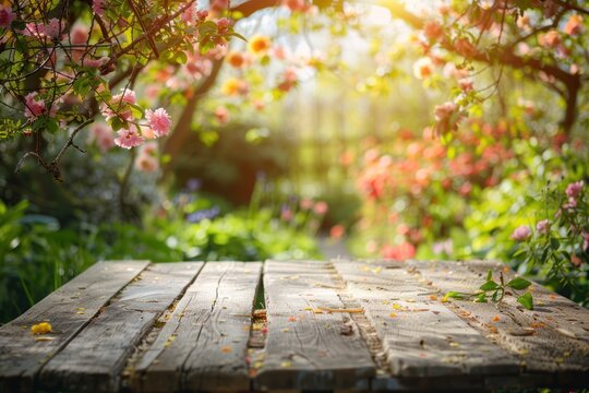 Wooden table in a blooming garden spring flowers