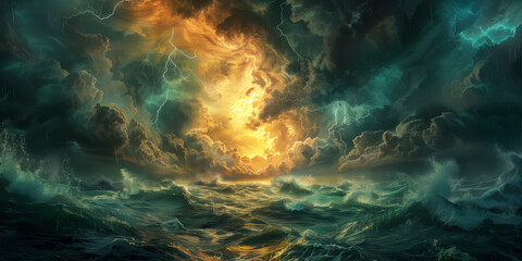 Fototapeta na wymiar Explore the dynamic forces of nature in digital illustration, revealing tumultuous ocean waves surging beneath a stormy sky, where lightning strikes pierce through the intense energy of thunderclouds.