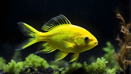 An aquarium featuring a bright fish up close on green-yellow algae set against a black background. Fish on coral with corals and water. An intense blue-and-yellow fish moving around different coral