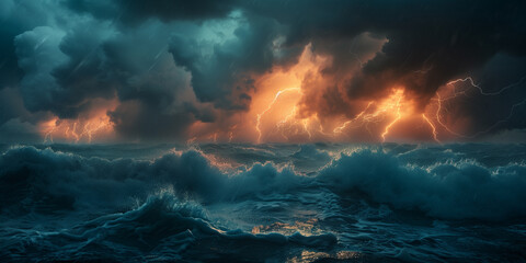 Digital illustration of capturing tumultuous ocean waves under a stormy sky, electrified by lightning strikes and resonating with the intense energy of thunderclouds. - obrazy, fototapety, plakaty