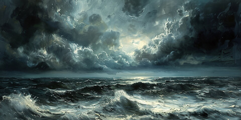Witness the fury of the elements in digital art as tumultuous ocean waves collide under a stormy sky, where lightning strikes illuminate the scene with the intense energy of thunderclouds.
