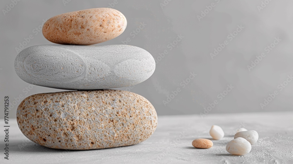 Poster a stack of rocks with a small pebble in the middle, ai