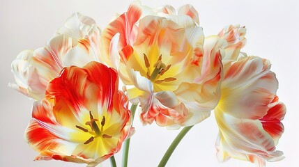 A cluster of tulips, with their red, yellow, and white petals, against a white background.
