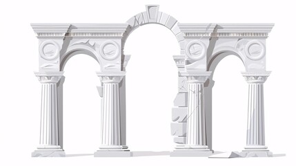 Medieval arches and pillars of white marble, reminiscent of ancient Greek, Roman, and Arabian architecture, adorn the entrance to a majestic castle.