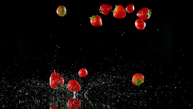Super Slow Motion of Falling Strawberries into Water on Black Background. Filmed on High Speed Cinema Camera, 1000 fps.