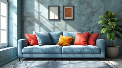 A blue couch with orange pillows in a room next to windows, AI