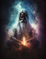 Portrait of sadhu guru yogi meditating. Abstract poster design. Ai Generative - obrazy, fototapety, plakaty