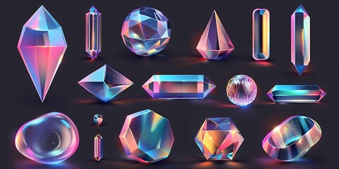 Assortment of iridescent forms. Curved cone gem and more. Ornamental accents for online and print design. 3D rendering. - obrazy, fototapety, plakaty