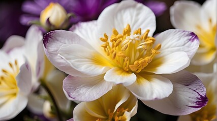 A close-up of a white flower with yellow and purple petals