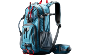 A blue backpack with a pair of scissors resting on top of it