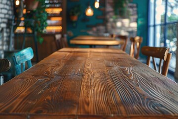 Spacious wooden table in an empty cafe anticipation of guests - obrazy, fototapety, plakaty