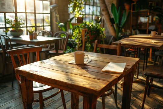 Spacious wooden table in an empty cafe anticipation of guests