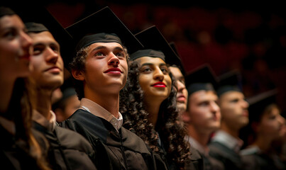Graduation ceremony with diverse students. Panoramic view with selective focus. Celebrating educational achievement concept. Design for banner, brochure, commemorative book.