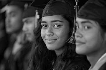 Graduation ceremony with diverse students. Panoramic view with selective focus. Celebrating educational achievement concept. Design for banner, brochure, commemorative book.