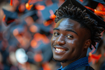 Graduation ceremony with diverse students. Panoramic view with selective focus. Celebrating educational achievement concept. Design for banner, brochure, commemorative book.