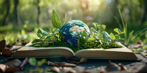 An open book with world globe on forest background .Global Environmental Governance - obrazy, fototapety, plakaty