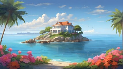 The Dream House picture transports the observer to a serene island in the middle of a huge ocean. The main attraction is a lovely house on an island encircled by vibrant flowers and lush vegetation. T - obrazy, fototapety, plakaty