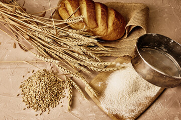 a loaf of bread,a sieve, coarse flour, grains and ears of wheat