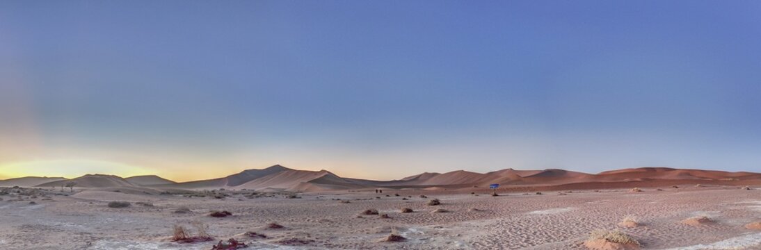 Panoramic picture of the Namib Desert near Sossusvlei in Namibia in the first morning light
