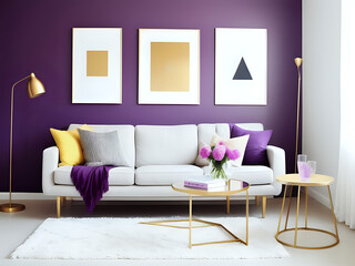 3 Bilder &uuml;ber einem Sofa an einer lila Wand