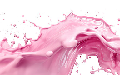 Pink milk wave splash background with flying drops, isolated on transparent background. Pink liquid waves and bubbles for design of product packaging in the style of pink liquid cream or milk. genera  - obrazy, fototapety, plakaty