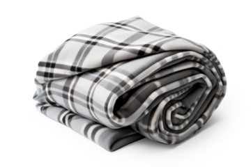 folded warm grey wool checkered plaid blanket, isolated on transparent background with shadow, png file