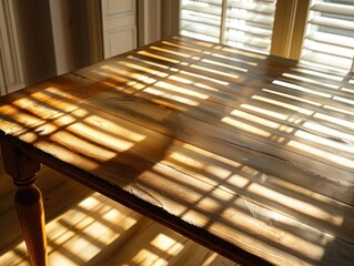 Obraz premium Elegant wooden table with shadows of window blinds mood of anticipation