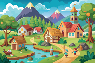 Obraz na płótnie Canvas a village natural cartoon background scene