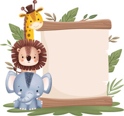 Watercolor Illustration Wooden Board with Cute Safari Animals and Tropical Leaves