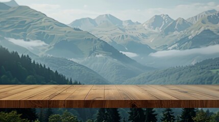 Empty beautiful wood tabletop counter on interior in clean and bright mountain background