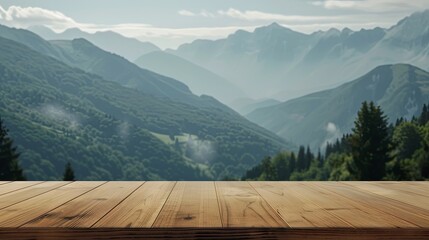 Empty beautiful wood tabletop counter on interior in clean and bright mountain background