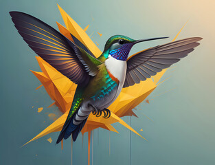 fliegender Kolibri mit blauen Halsfedern vor abstraktem gelben Hintergrund - obrazy, fototapety, plakaty