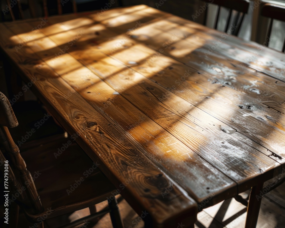 Poster artistic shot of an empty wooden table with soft shadows