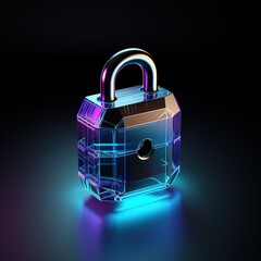Padlock made up of blue neon lines on dark background.