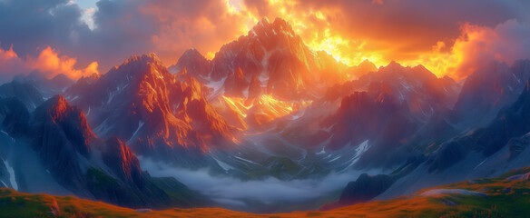 Dramatic mountain peaks ablaze with vibrant sunset colors - obrazy, fototapety, plakaty