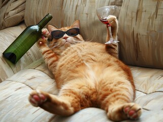 A photo of an orange cat wearing black sunglasses and lying on its back with wine bottle, holding...