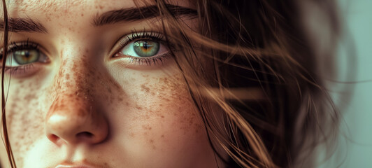 Young woman with freckles and striking green eyes - obrazy, fototapety, plakaty