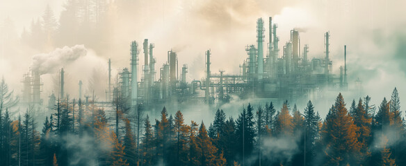 Industrial plant emissions towering over autumn forest - 774793451