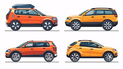 Latest compact vehicle collection with various body styles, including hatchback, sedan, and SUV, represented by individual icons on a white background. - obrazy, fototapety, plakaty