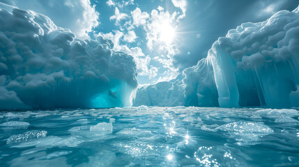 Sunlight glistening on tranquil arctic waters between icebergs - obrazy, fototapety, plakaty
