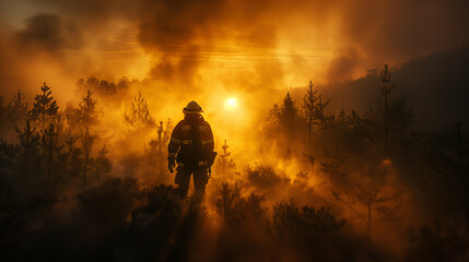 Obraz na płótnie Canvas A firefighter on fired forest 