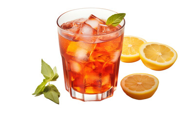 Fototapeta premium A glass filled with iced tea, lemons, and mint leaves, creating a refreshing and vibrant composition
