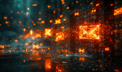 Abstract digital representation of inboxes overwhelmed by a surge of unidentified or potentially malicious emails, symbolizing the risk of cyber threats and the need for robust email security measures