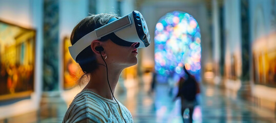 Immersive virtual reality experience allowing visitors to explore & appreciate art masterpieces in a digital museum gallery, blending physical and virtual worlds for an innovative cultural engagement