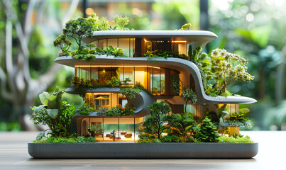 Eco Friendly Urban Architecture Model Emphasizing Green Building Practices for Environmental Sustainability - obrazy, fototapety, plakaty