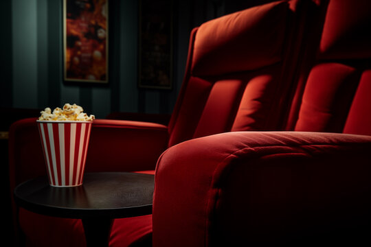 Comfortable red cinema chair and big pack of popcorn. Movie night, cinema background. Cinema poster concept on red background. 