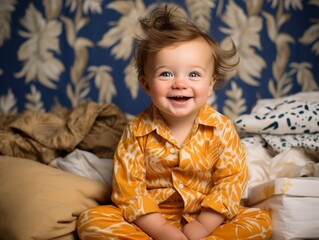 Little Girl Sitting on Bed Smiling