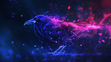 Black raven, abstract neon background.