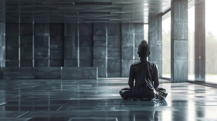 A statue of a buddha sitting in the middle of an empty room, AI - Powered by Adobe